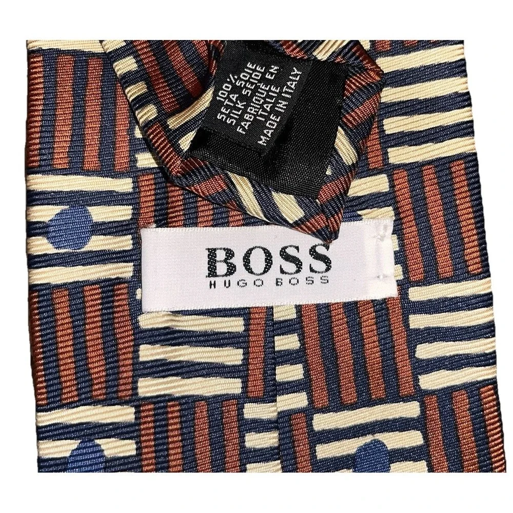 Hugo Boss Mens Tie Silk Brown Blue Geometric Striped Italy Designer Necktie